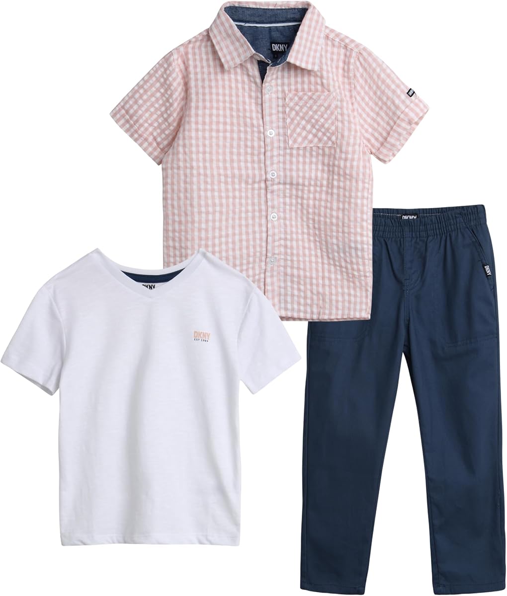 DKNY Toddler Boys 3 Piece Button Down Shirt Tee and Twill Pants Set