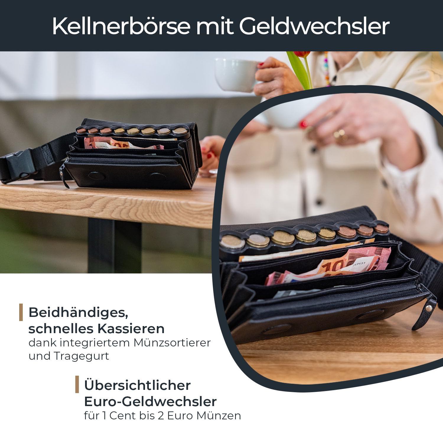 HMF Kellner Geldbörse aus Leder mit verstellbarem Gürtel, Kellnertasche mit Euro-Geldwechsler und Reißverschlussfach | 20,5 x 10 x 6,5 cm | Schwarz