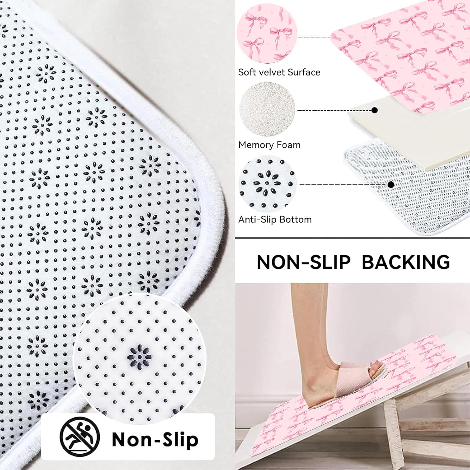4PCS Pink Bow Shower Curtain Set Cute Aesthetic Bathroom Shower Curtains, Teen Girls Bathroom Sets Non Slip Bah Rugs Bow Knot Shower Curtain with Hooks and Accessories