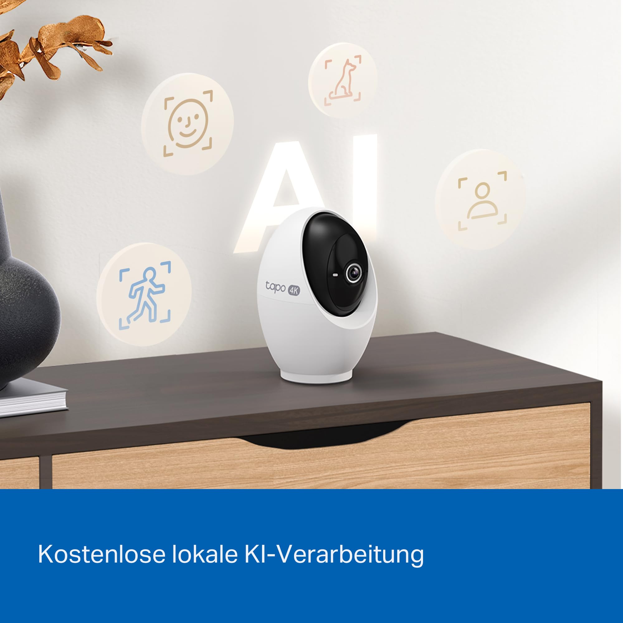 Tapo C260 4K 8MP Überwachungskamera Innen 360°, Lokale KI-Erkennung, Physischer Privatsphärenmodus, 18-Facher Digitalzoom, Bewegungsverfolgung, Zwei-Wege-Audio, MicroSD-Karte Bis zu 512 GB