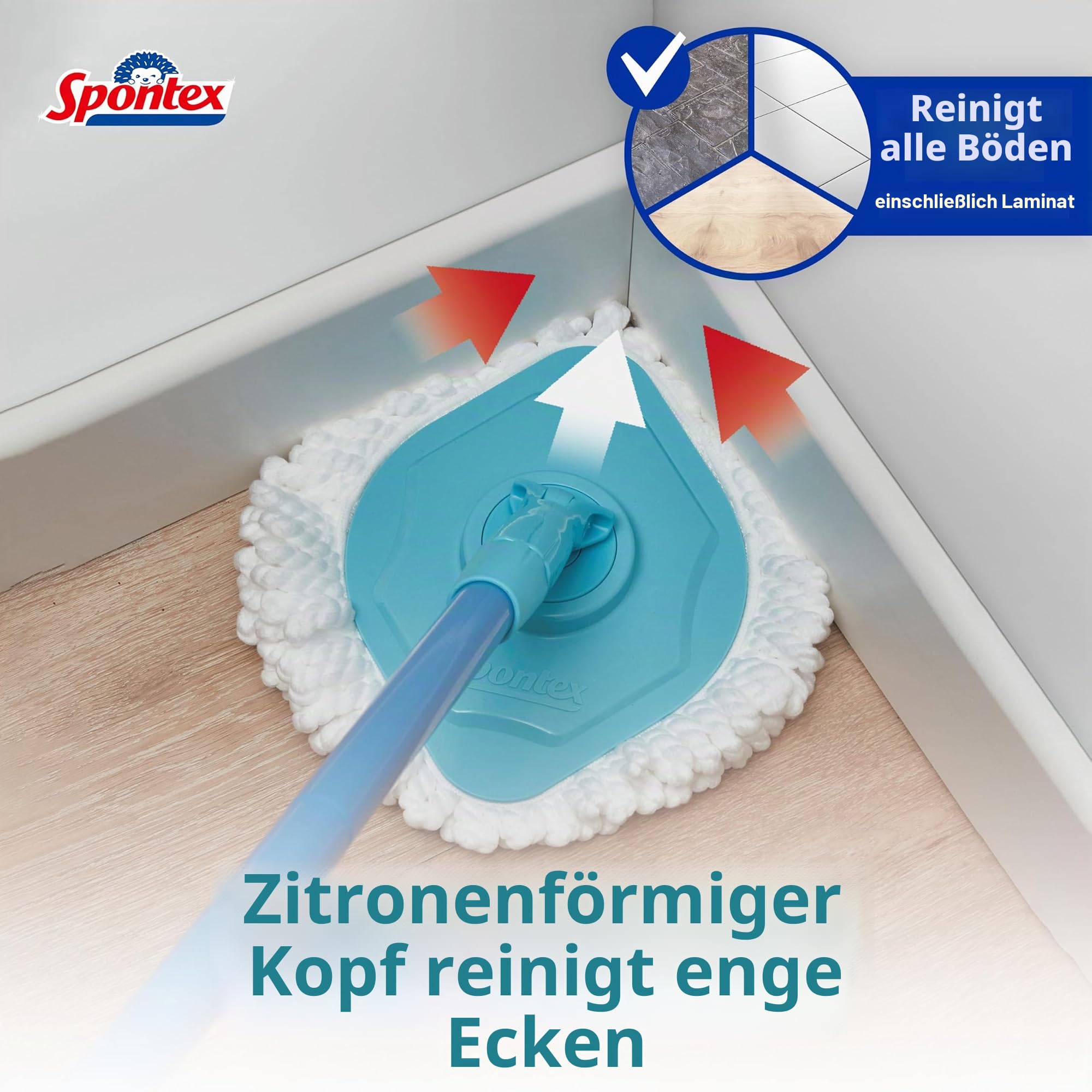 Spontex Full Action Corner Rotations-Mopp-System und Eimer für schmale Ecken, 360° einfaches Auswringen/Spülen für Laminat, Holz und Fliesen, 1 Mikrofaser-Aufsatz