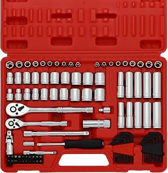 CASOMAN 1/4-Inch & 3/8-Inch Drive, SAE and Metric Socket Set, Standard and Deep Sizes, with Ratchet, Extension Bars and Universal Joint, 94-Pieces 1/4" Drive and 3/8" Dr. Socket Super Set