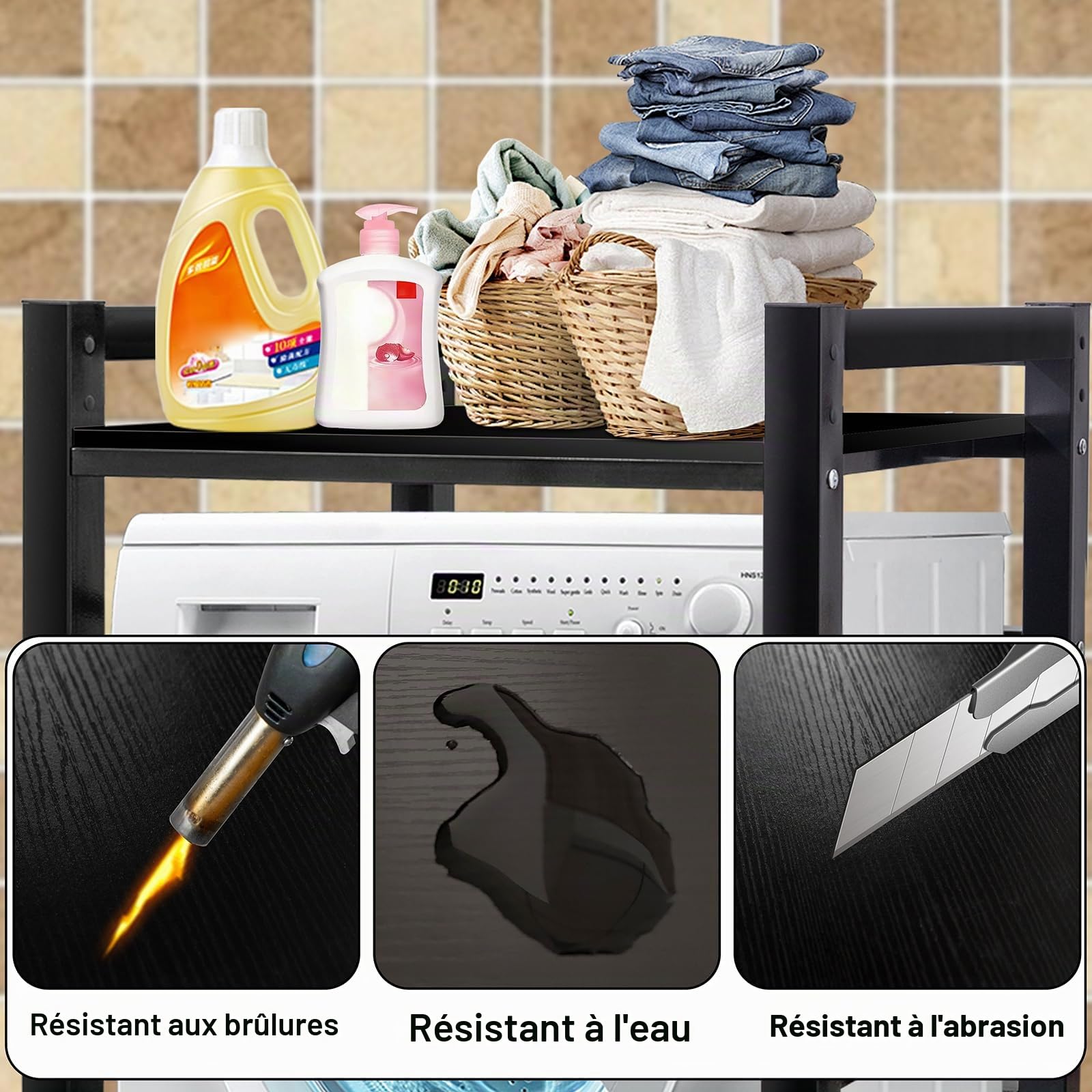 JXZ Meuble Machine à Laver et Seche Linge, Support Seche Linge Sur Lave Linge, 3 Hauteurs Réglables, Capacité Charge 300kg pour Buanderie Salon Salle De Bain Cuisine Balcon(Noir, Tableau Noir)