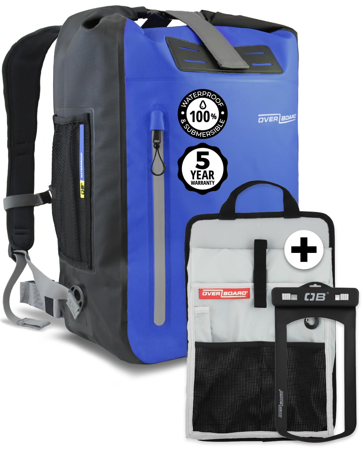 Overboard Mochila impermeable azul de 45 litros | Bolsa seca flotante enrollable para kayak, playa, canotaje, senderismo, pesca, rafting | Incluye funda impermeable para teléfono y organizador de
