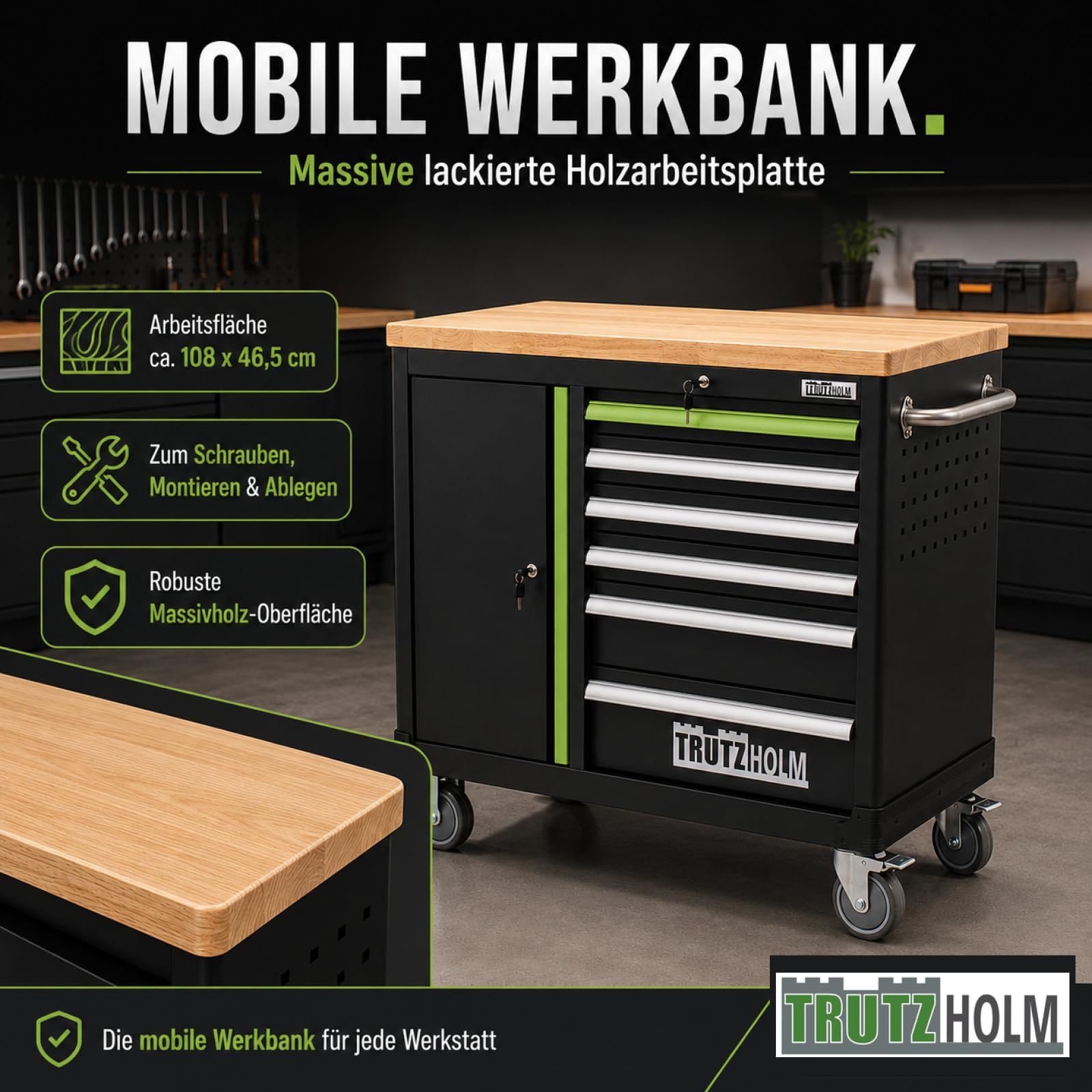 TRUTZHOLM Werkzeugwagen leer Deluxe, Werkstattwagen mit 6 Schubladen & Türfach, abschließbarer Werkzeugschrank rollbar mit Massivholz-Arbeitsplatte, fahrbare Werkbank 108 x 46,5 x 77 cm, grün/schwarz