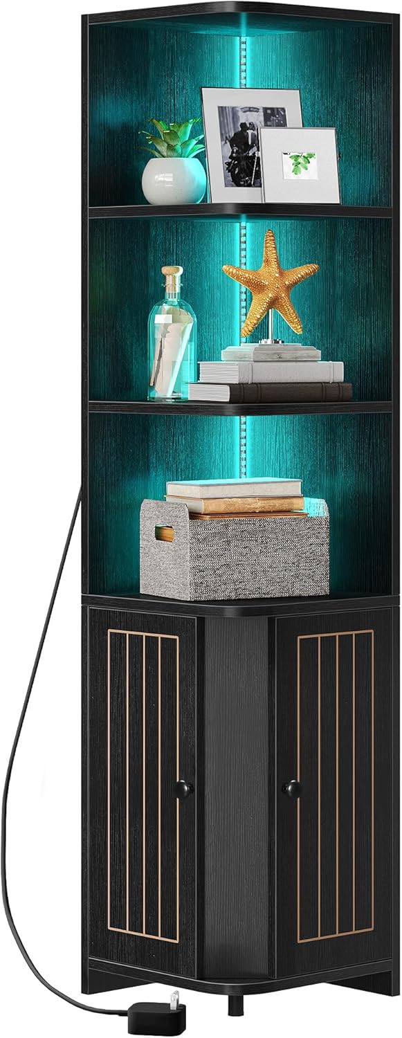 Black Adjustable Corner Cabinet with LED Lights and Storage