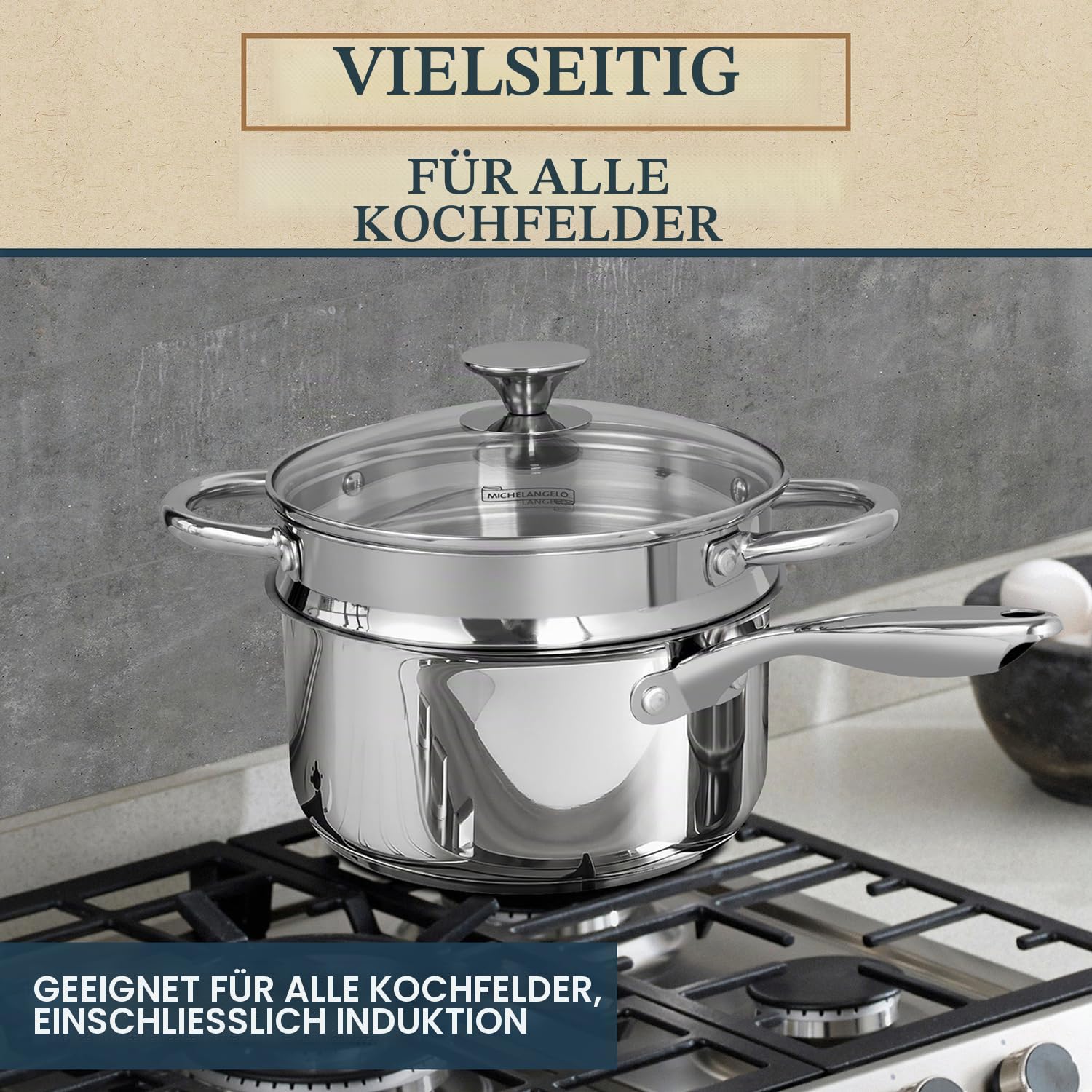 MICHELANGELO Edelstahl Stielkasserolle 20 cm, 3l mit Deckel und Dämpfeinsatz, Induction geeignet für Induktion, schichtlos ohne Beschichtung, spülmaschinenfest für Milch, Sauce, Kochtopf