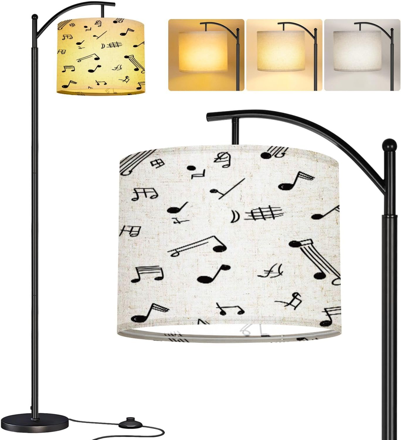 Modern Arc Floor Lamp, Seamless pattern sketch musical theme notes music treble clef Standing Lamp with Hanging Linen Shade Adjustable Foot Switch for Living Room Bedroom Study Room Office