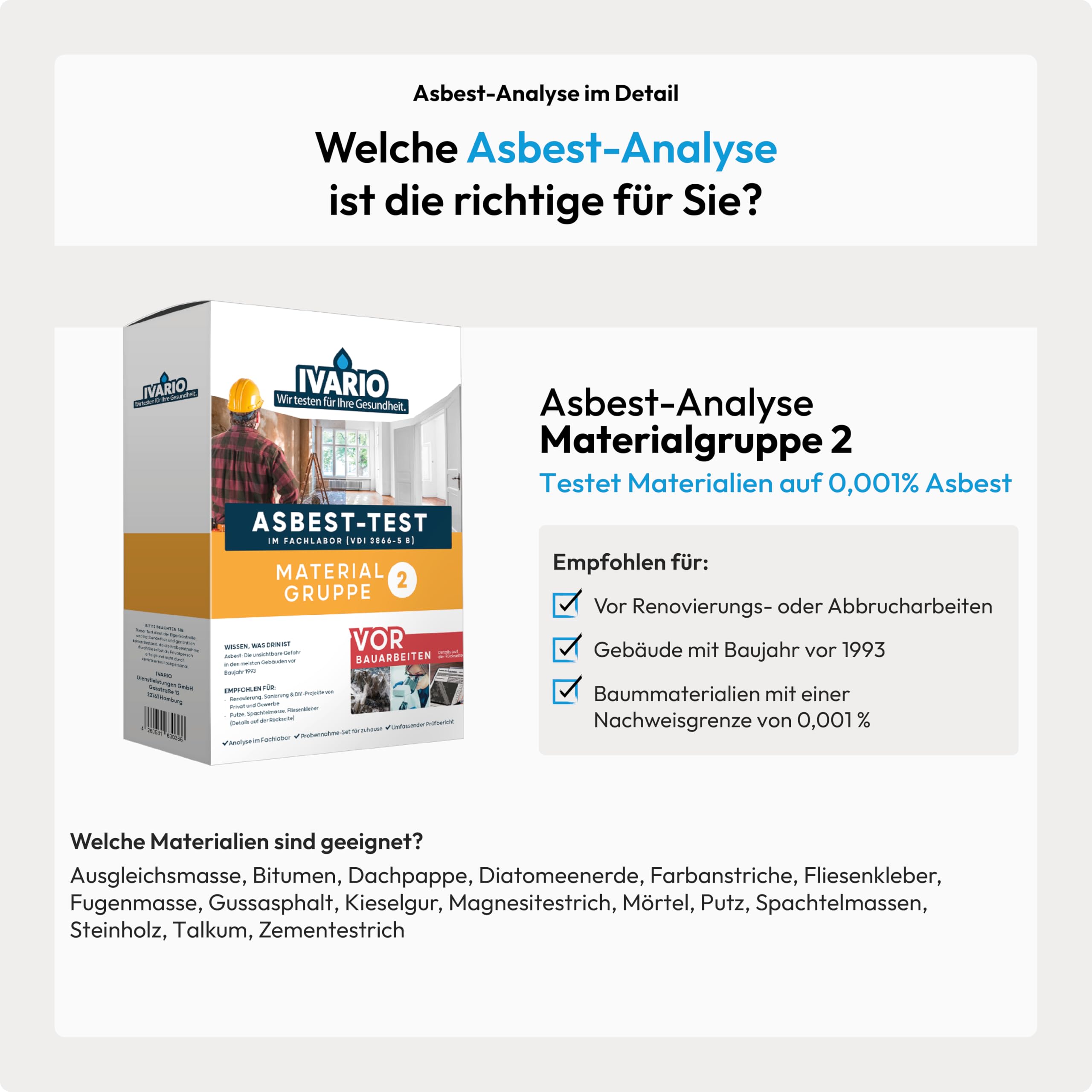 IVARIO Asbest-Test für Dachpappe, Fugenmasse, Farbe, Ausgleichsmasse, Fliesenkleber, Gussasphalt, Kieselgur, Mörtel, Putz uvm. - auch zum Testen von Spielsand auf Asbest/Materialgruppe 2