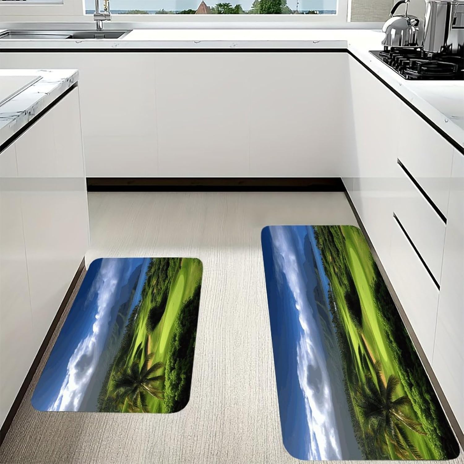 Scenic Hawaii Golf Tropical Kitchen Mat Washable Non Slip Rugs Soft Kitchen Mats for Floor Set of 2 PCS Cushioned Absorbent Runner Standing Rugs for Home Sink Laundry Office
