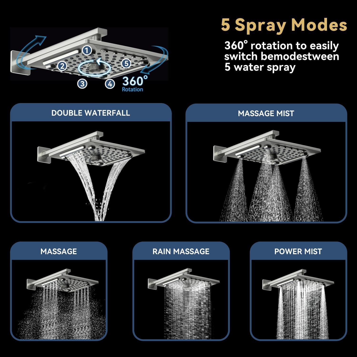 ELLO&ALLO Shower Faucet Set Mixing Valve and Trim Kit Brushed Nickel, Rainfall Waterfall Shower Head with Handheld Combo