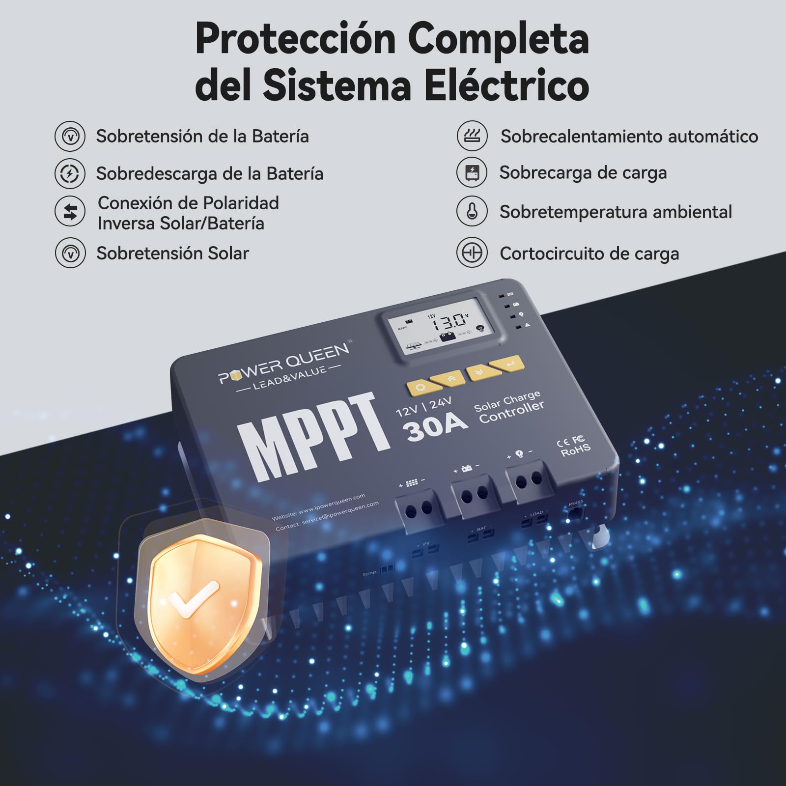 POWER QUEEN Regulador de Carga Solar MPPT 12V 24V 30A para Batería LiFePO4 | Potencia Máxima de 900W con Módulo Bluetooth Integrado y Pantalla LCD para Monitoreo en Tiempo Real de tu Energía