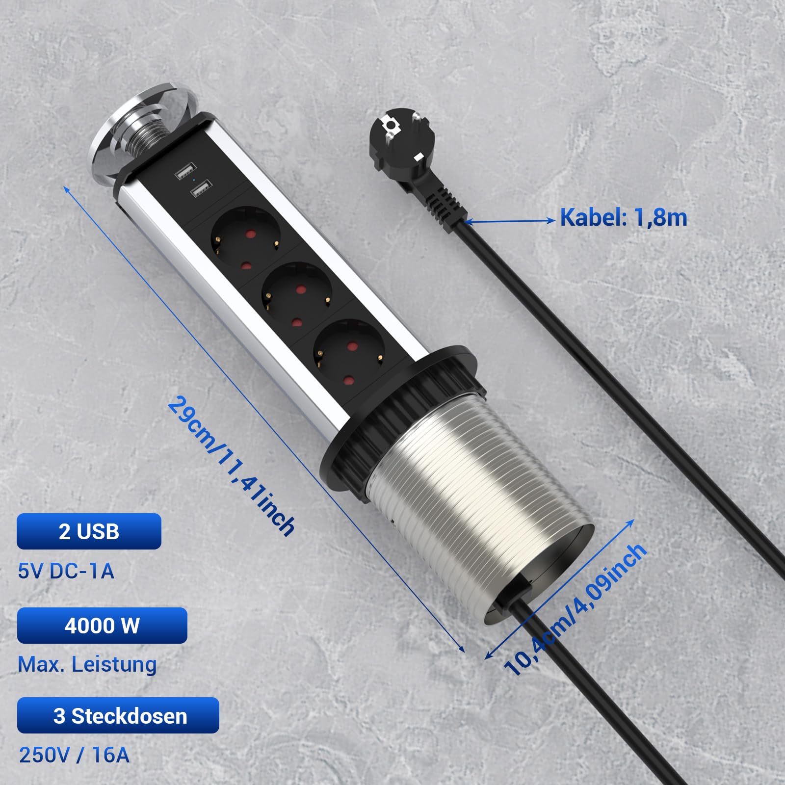 Enchufe retráctil de 3 enchufes con USB, enchufe empotrable de 80 mm de diámetro
