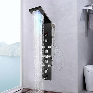 LED Shower Panel Tower System, Hydroelectricity Display Rain Massage Full Body Shower System 6-Function Wall Mount Stainless Steel Shower Tower with LED Rainfall Waterfall Shower Head
