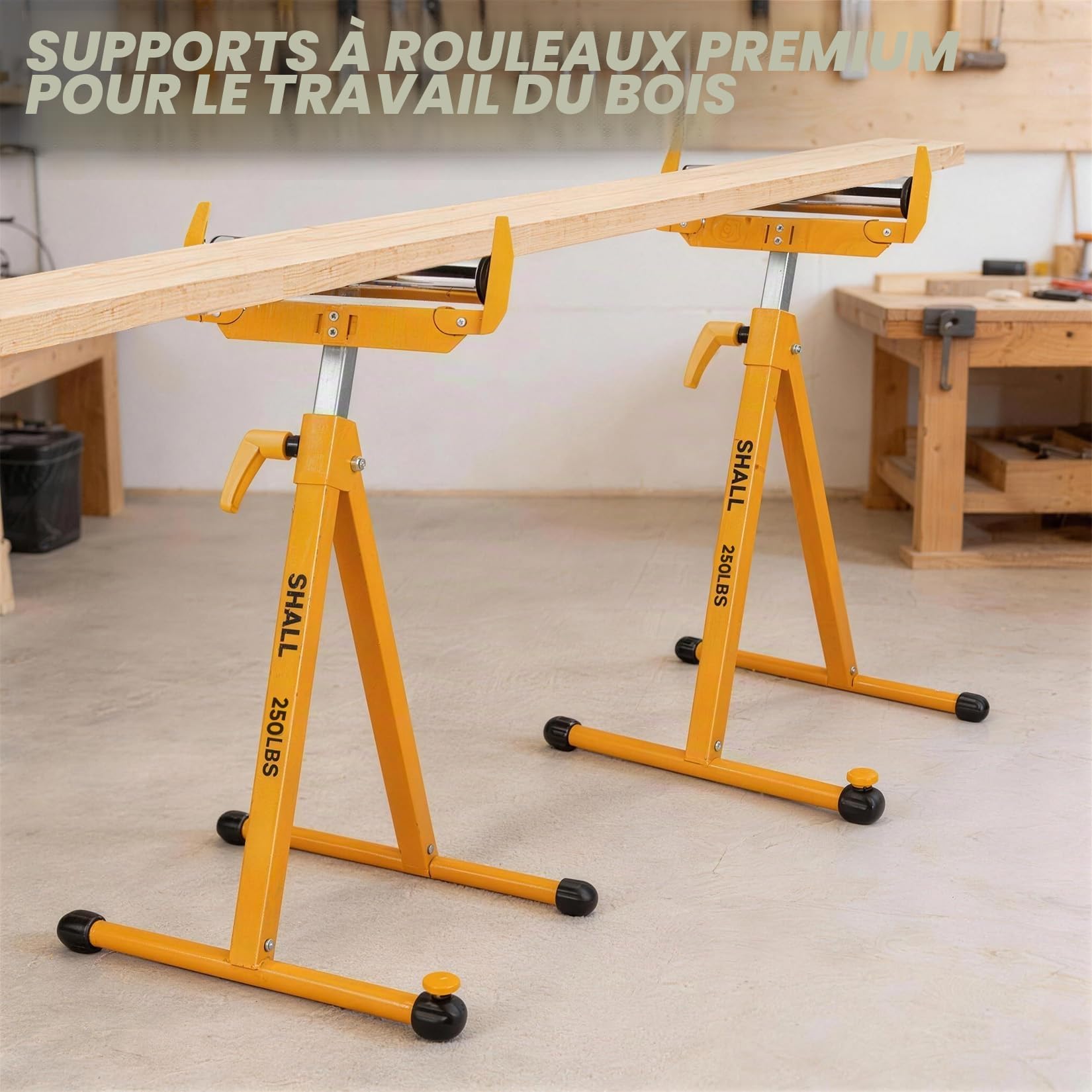 Shall Lot de 2 supports à rouleaux pliants – Capacité de charge de 113,4 kg – Hauteur réglable de 70 à 109 cm – Pour sciage à table – Travail du bois