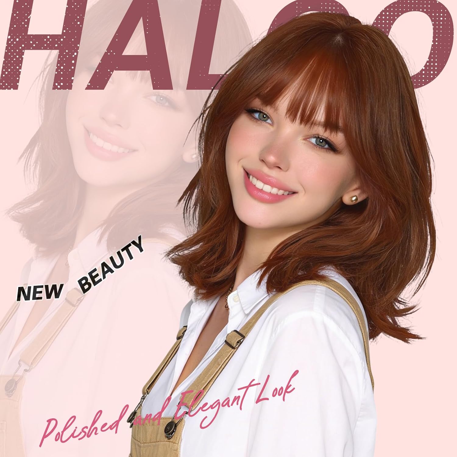 Haloo Auburn Short Bob Wigs with Bangs Shoulder Length Wavy Layered Flipped Ends Natural Looking Medium Synthetic Hair Wig for Women Daily Party, 14 Inch