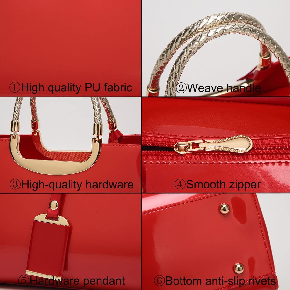 XingChen Glossy Women Handbag Faux Patent Leather Top-Handle Bag Structured Shoulder Bag Tote Evening Purse Party Satchel