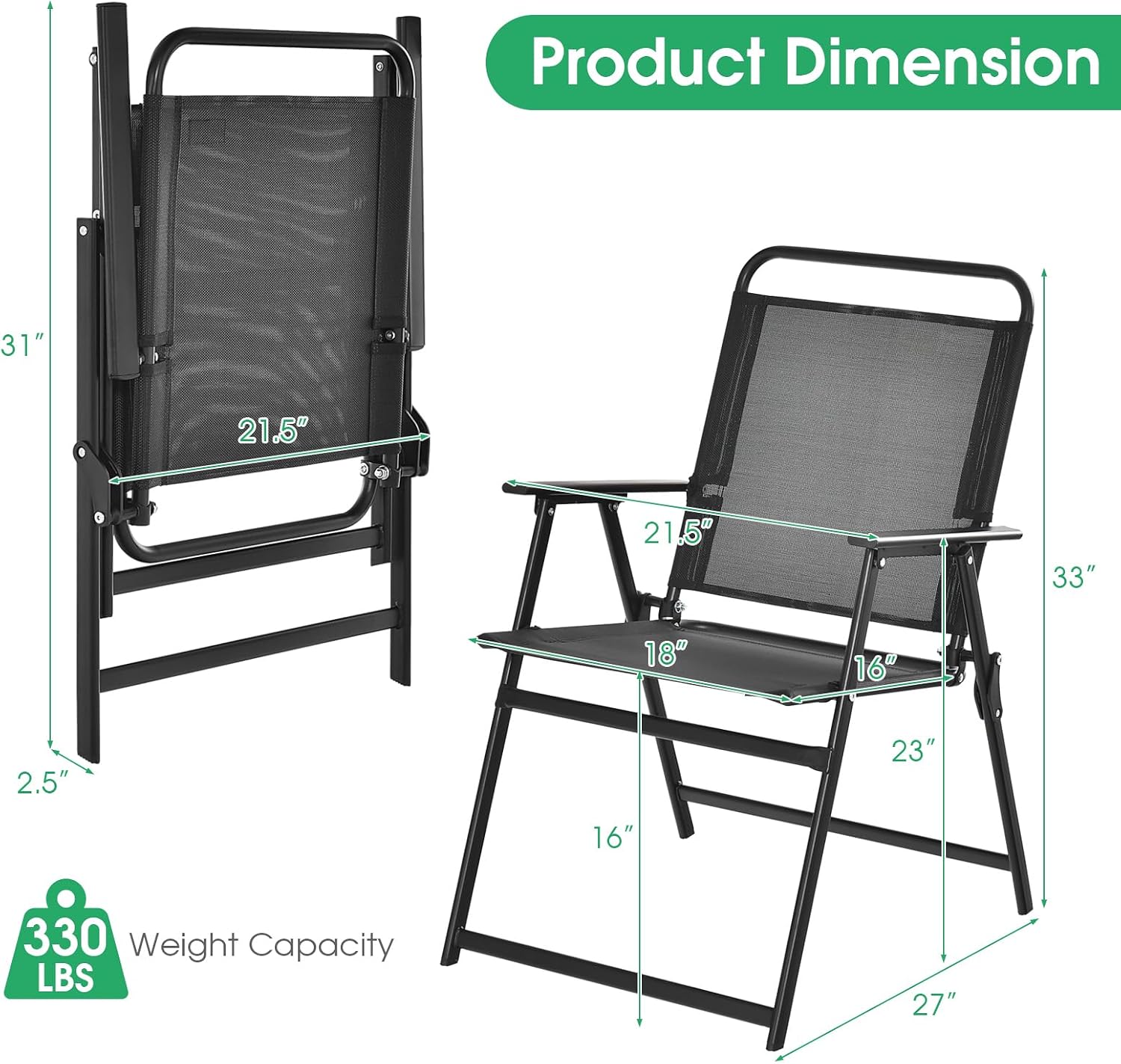 Tangkula Outdoor Folding Chairs Set of 4, Patio Dining Chairs with Breathable Seat & Cozy Armrests, Heavy-Duty Metal Frame, Portable Lawn Chairs for Backyard, Porch, Camping (4, Black)