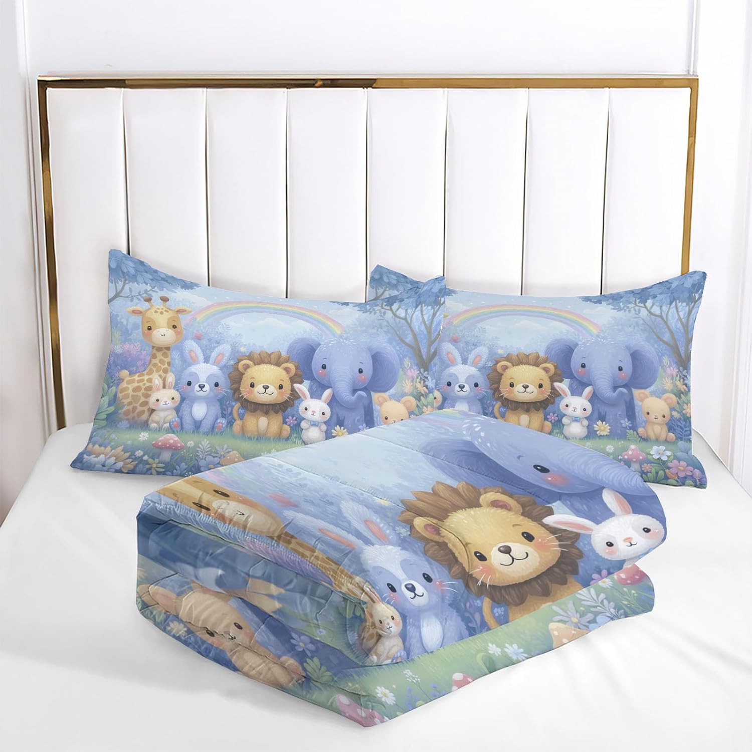 Forest Animals Comforter Set Twin Size, Cartoon Lion and Elephant Bedding Set for Girls Boys, Light Blue Quilt Bed 68"X90" Bedding Comforter Sets with 2 Pillowcase Room Decor