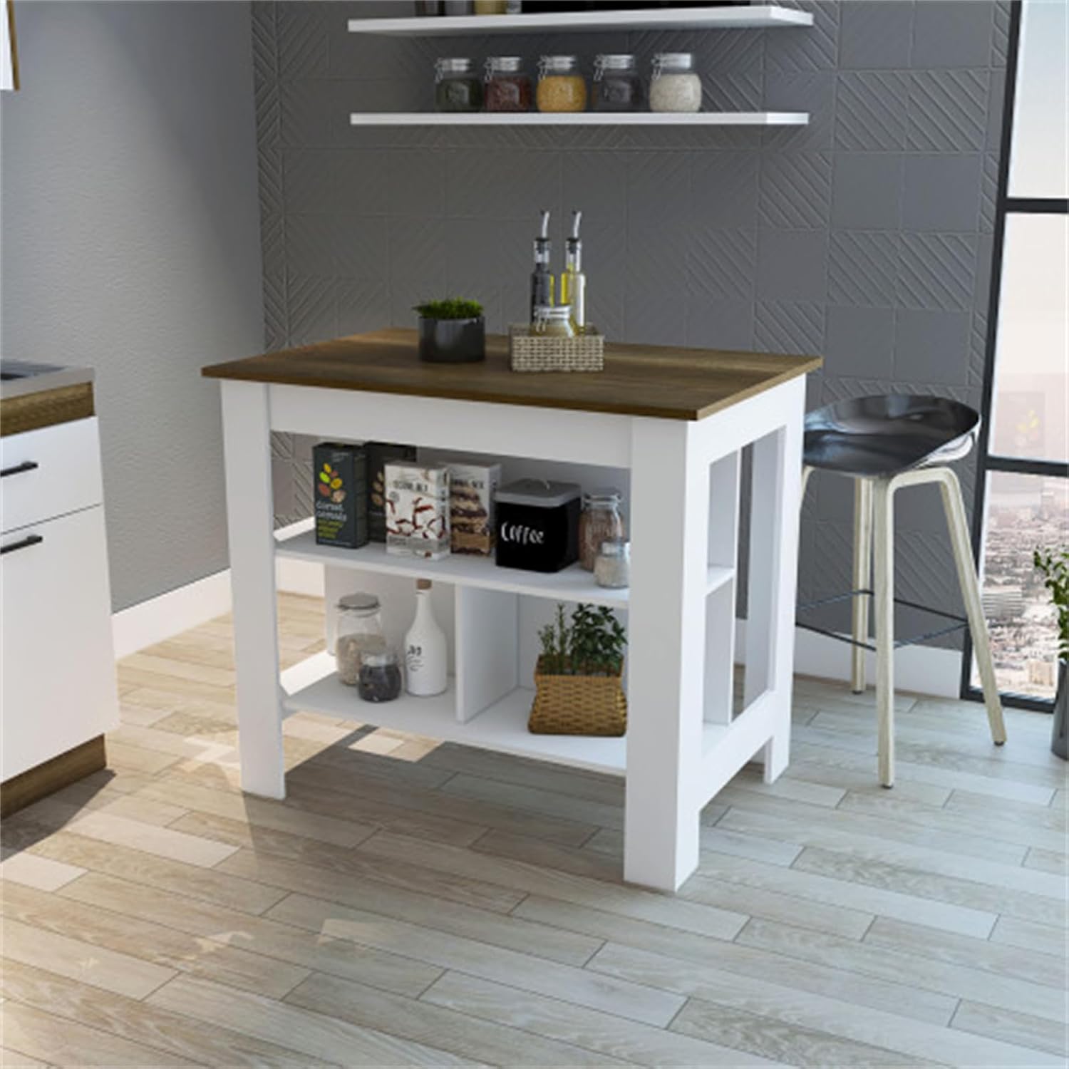Simple and Stylish Kitchen Island, Kitchen Bar, Storage Table, Kitchen Furniture, 3 Storage Racks, Suitable for Living Room, Kitchen, Dining Room, Dark Brown and White