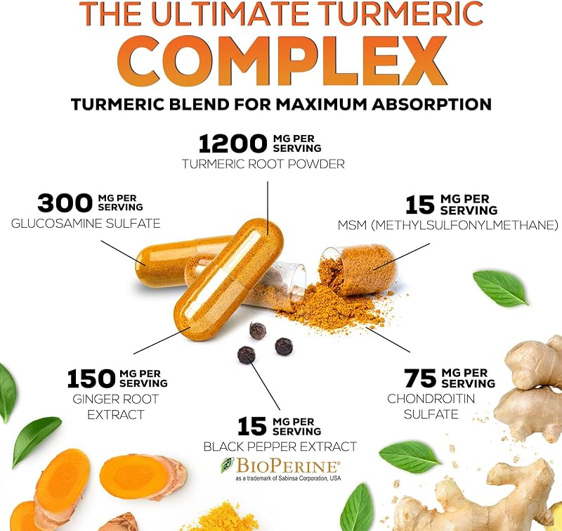 Turmeric Curcumin Supplement - 95% Curcuminoids with Glucosamine, Ginger & MSM, BioPerine Black Pepper Extract for Best Absorption, Natural Vegan Joint Support, Non-GMO, Bottled in USA - 240 Capsules image 3