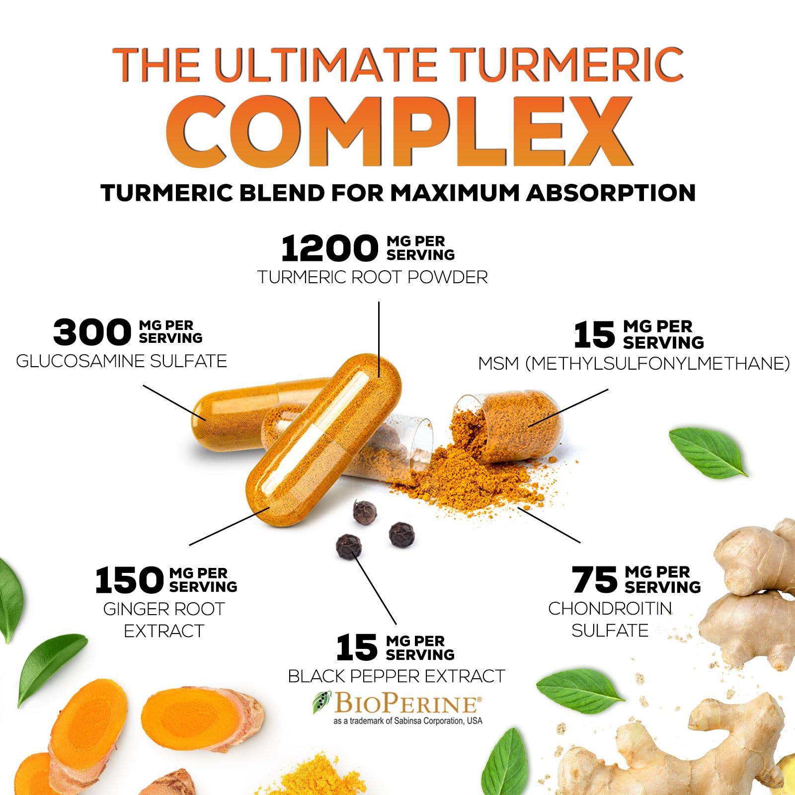 Turmeric Curcumin Supplement - 95% Curcuminoids with Glucosamine, Ginger & MSM, BioPerine Black Pepper Extract for Best Absorption, Natural Vegan Joint Support, Non-GMO, Bottled in USA - 60 Capsules — Amazon image 3