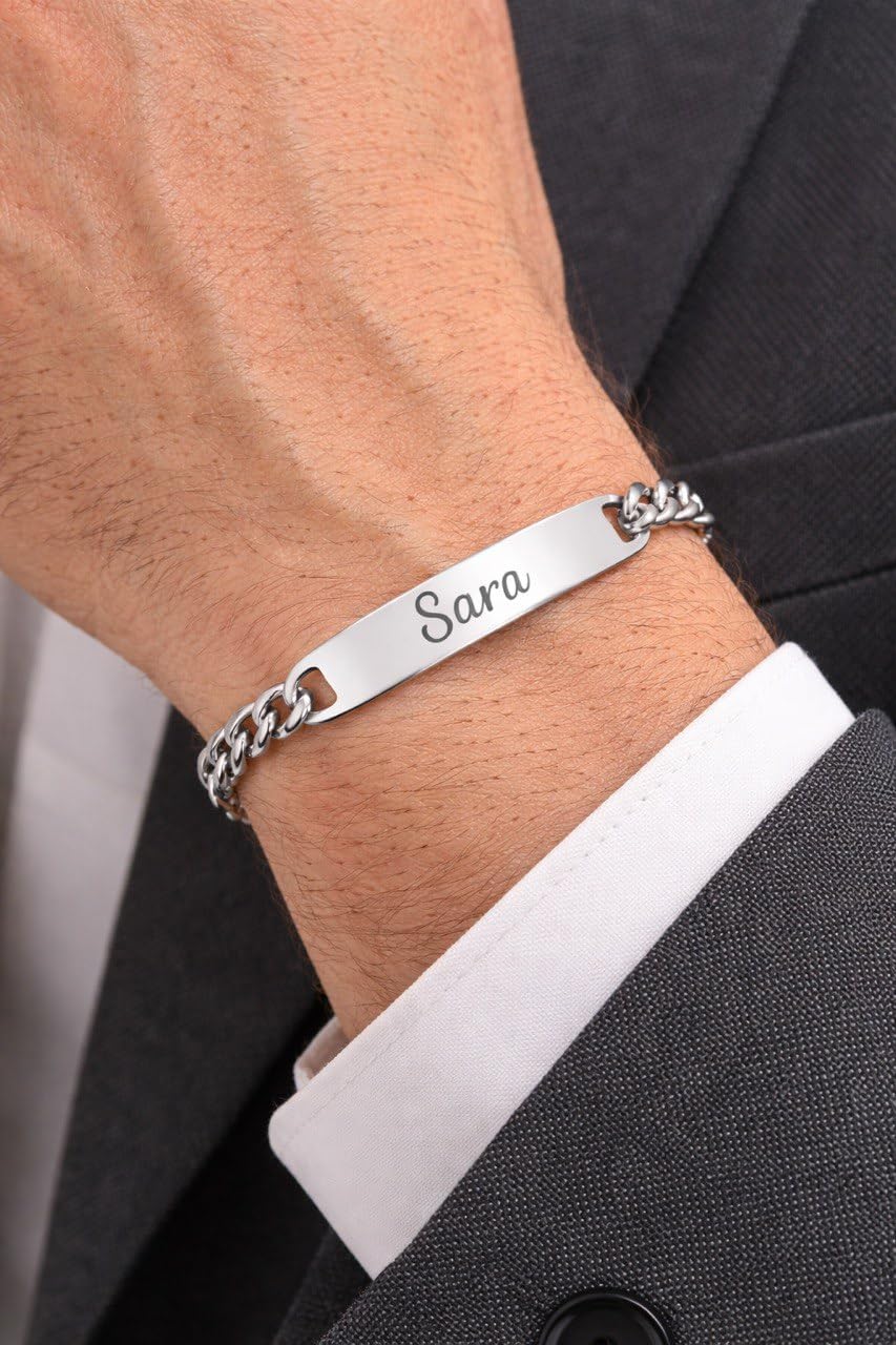 Bracciale in Acciaio inossidabile Personalizzato con Incisione – Piastrina ID con Nome/Fra - Mise en situation et utilisation