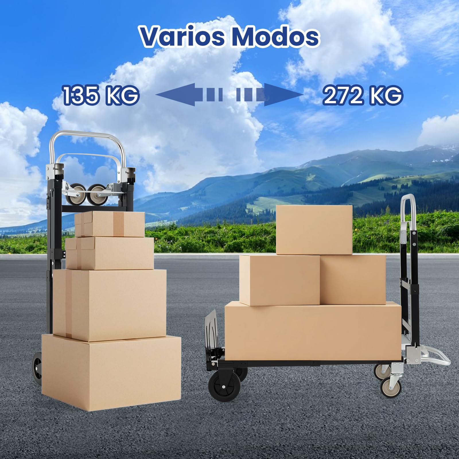 GYMAX Carretilla Plegable con 4 Ruedas, Carro de Transporte con Mango Retráctil, Longitud Extensible y Altura Ajustable, Carga de 272 kg, Carro Plataforma para Almacén, Fábrica y Supermercado