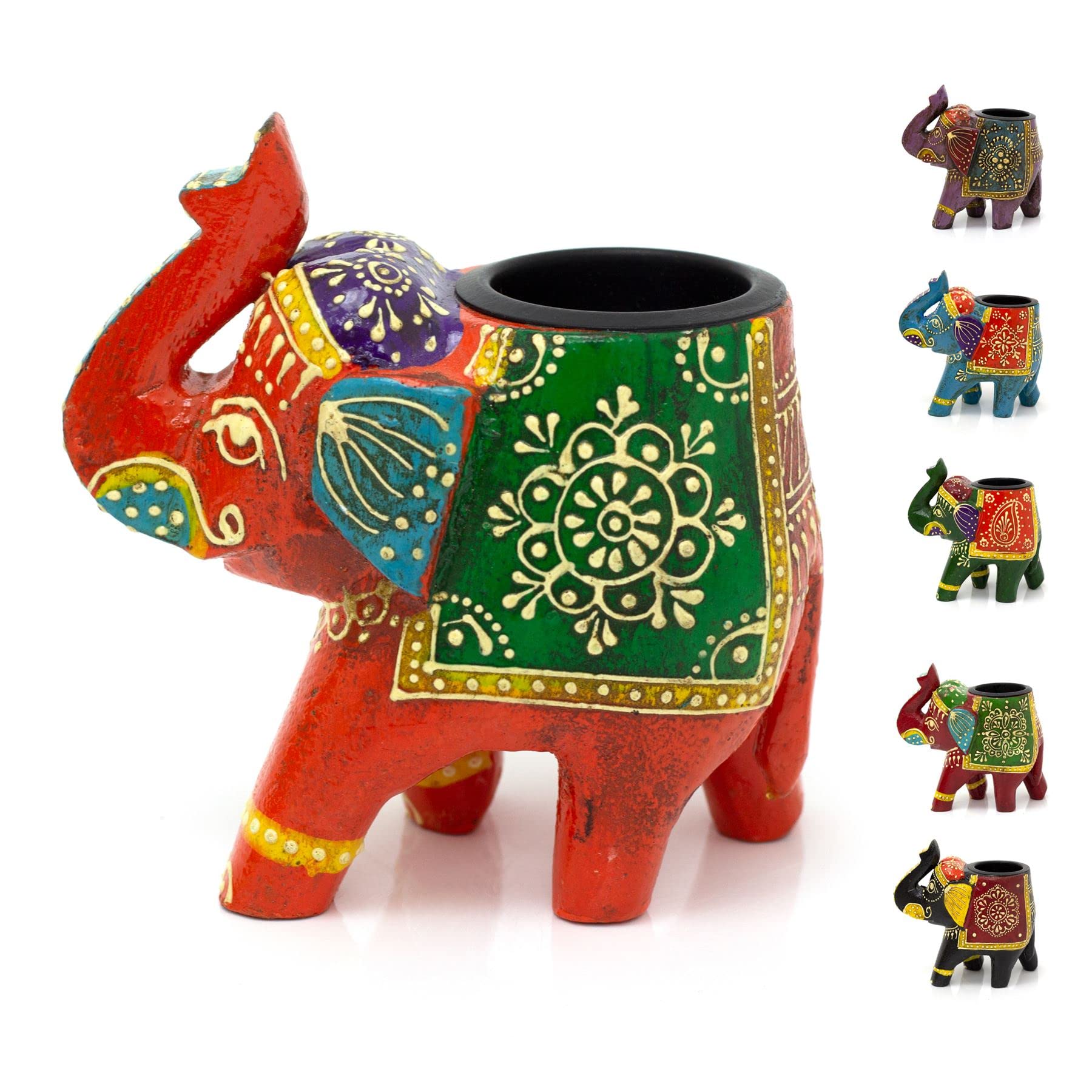 Carousel Home Multicolor Hand Painted Indian Elephant Tealight Holder | Decorative Wooden Elephant Tea Light Candle Holder | Elephant Ornament - Colour Varies One Supplied