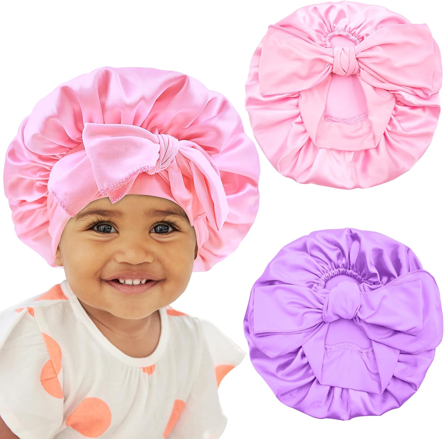 Kids Hair Bonnet For Sleeping - 3 Pieces Soft Silk Satin Bonnet With Elastic Wide Band Sleeping Cap Night Hair Cap For Girls Toddler Curly Hair-989818