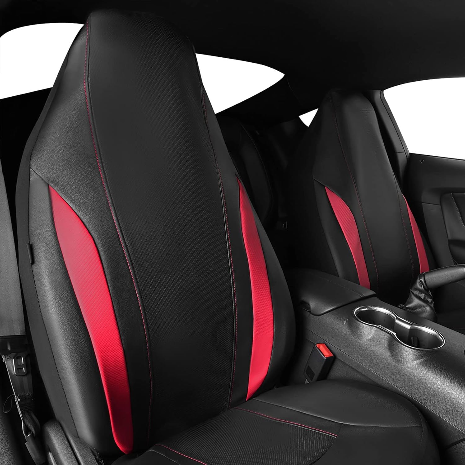Outlet Sporty Carbon Fiber Leather Universal Bucket Car Seat Cover, Fit for Suvs, Vans, Sedans, Trucks, Airbag Compatible Carbon Leather High Back Car Seat Cover Front Seats only, Black Red