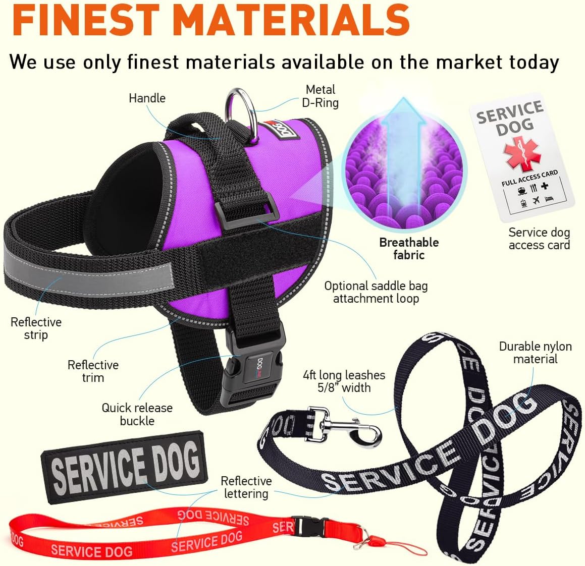 Dogline Service Dog Vest Harness Bundle Service Dog Reflective Leash & Patches Service Dog in Training Set, ADA IDs for Travel Support Therapy Dogs Girth 15 to 19 in Purple