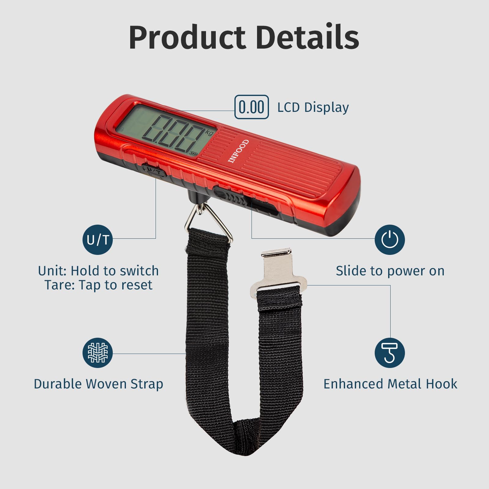 Infood Báscula digital de equipaje sin batería, báscula de peso de maleta con gancho y pantalla LCD para viajes, capacidad de 110 libras/50 kg, color rojo
