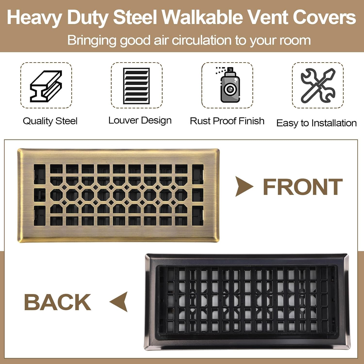 10 Pack Floor Registers 4 × 10 Inch Bronze Steel Vent Covers for Home Floor Heavy Duty Walkable Adjustable Air Flow Direction Metal Register Grates for Air Grilles Vents Supply