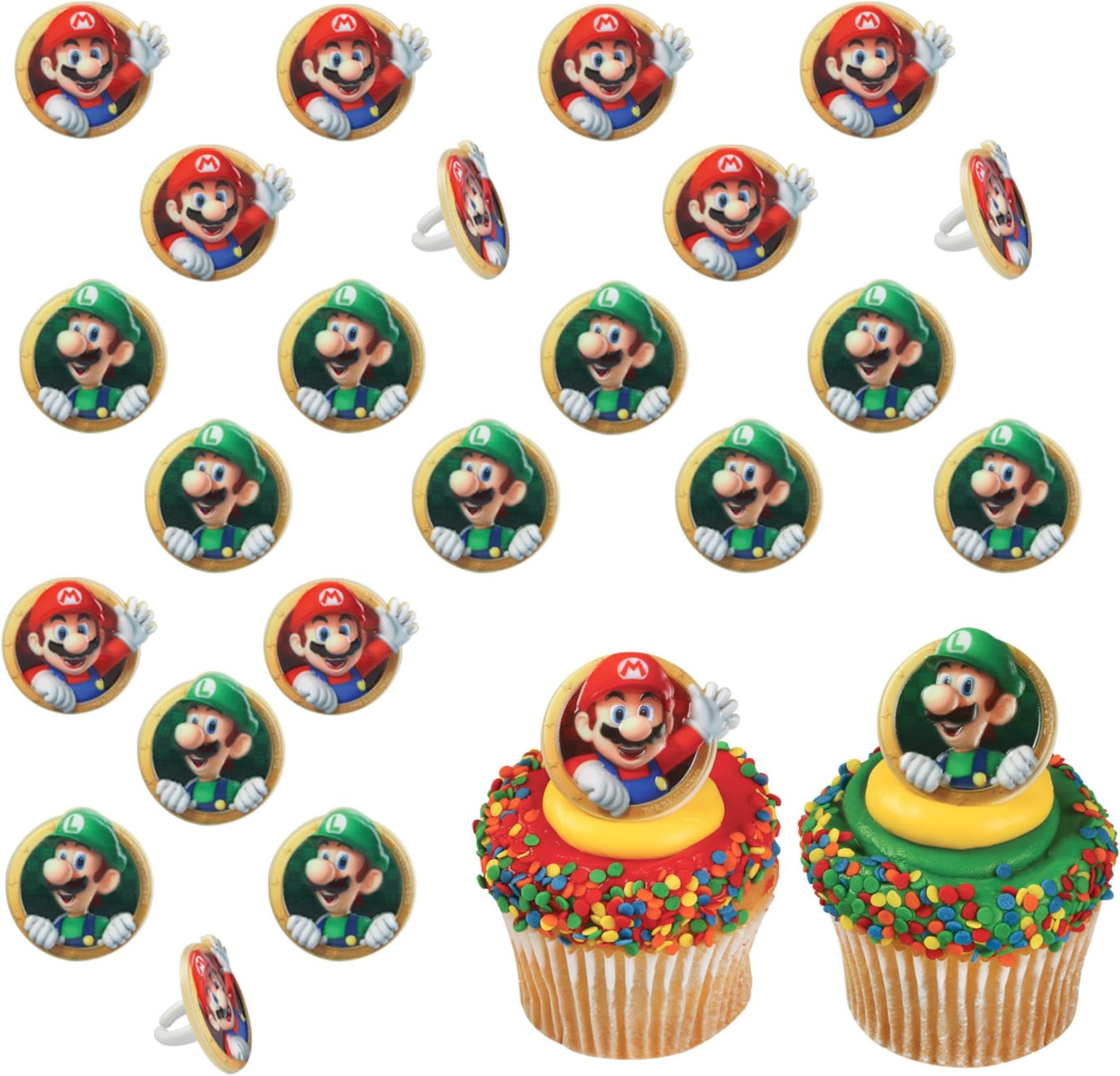 DecoPac Super Mario Rings, 24 Nintendo Cupcake Decorations Featuring Mario And Luigi, Cake Toppers For Birthday, Gaming, Party - 24 Pack