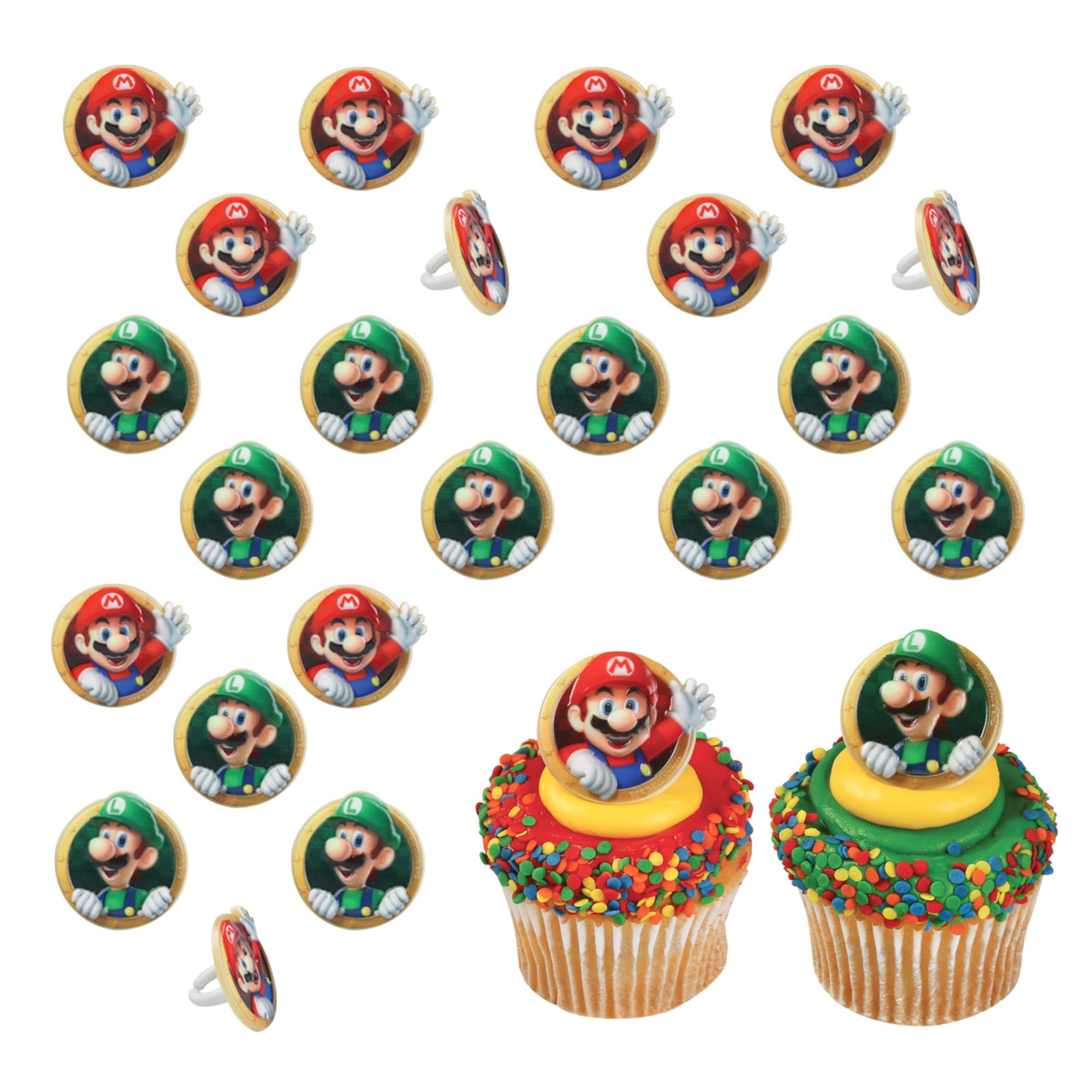 DecoPac Super Mario Rings, 24 Nintendo Cupcake Decorations Featuring Mario And Luigi, Cake Toppers For Birthday, Gaming, Party - 24 Pack