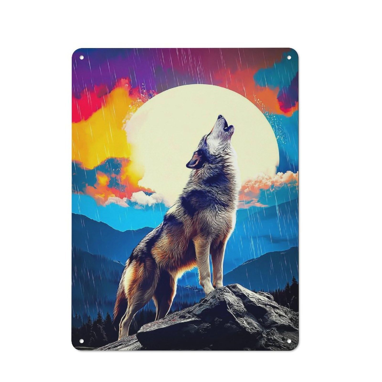Junmoney Howling Wolf Under Moonlit Sky -2 Metal Plaque With Design 40X30cm, Vintage Bistro Wall Plaque For Coffee Bar, Kitchen, Bistro Or Tea Corner