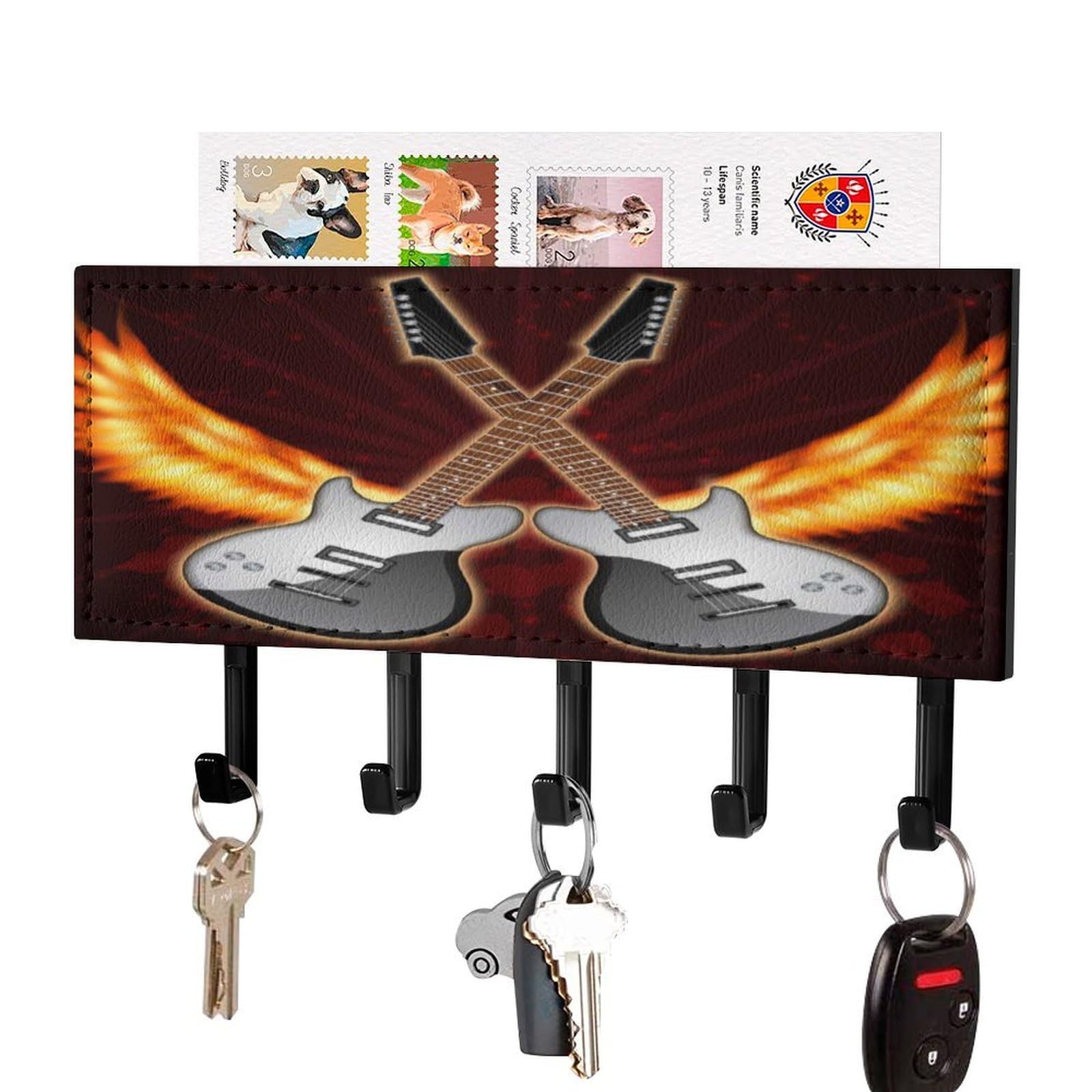 NCLQVJXZKHW Fire Electronic Guitar Key Holder with 5 Hooks Key Hooks Wall Mounted Key Racks Key Hanger Organiser Shelf