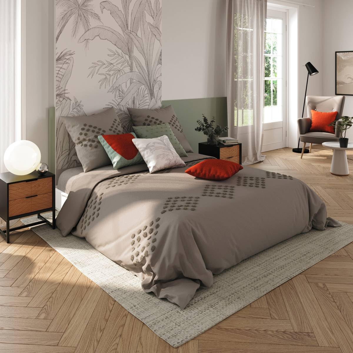 Housse de couette coton lavé gris Atmosphera chic tufté pour lit double
