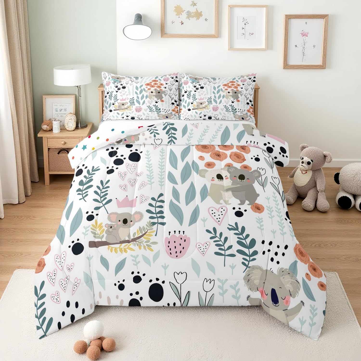 Erosebridal Kawaii Koala Bedding Set,Cartoon Koala Comforter Set Twin,Cute Love Heart Leaf Flower Comforter Set for Kids Girls Boys,Paw Print Animals
