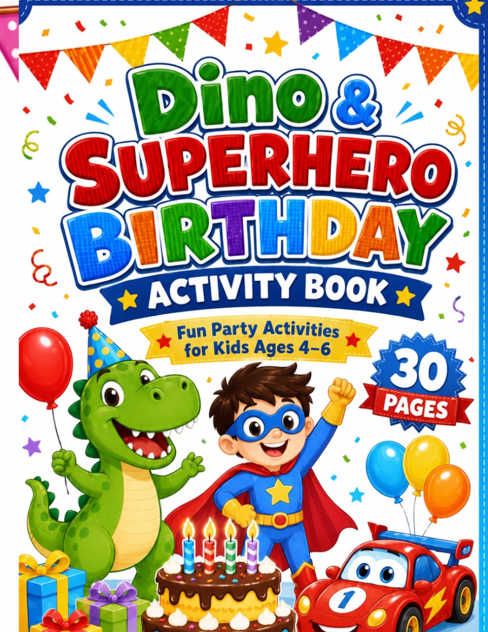Dino Superhero Birthday Activity Book: Fun Party Games, Coloring Pages, Mazes and Activities for Kids Ages 4–6