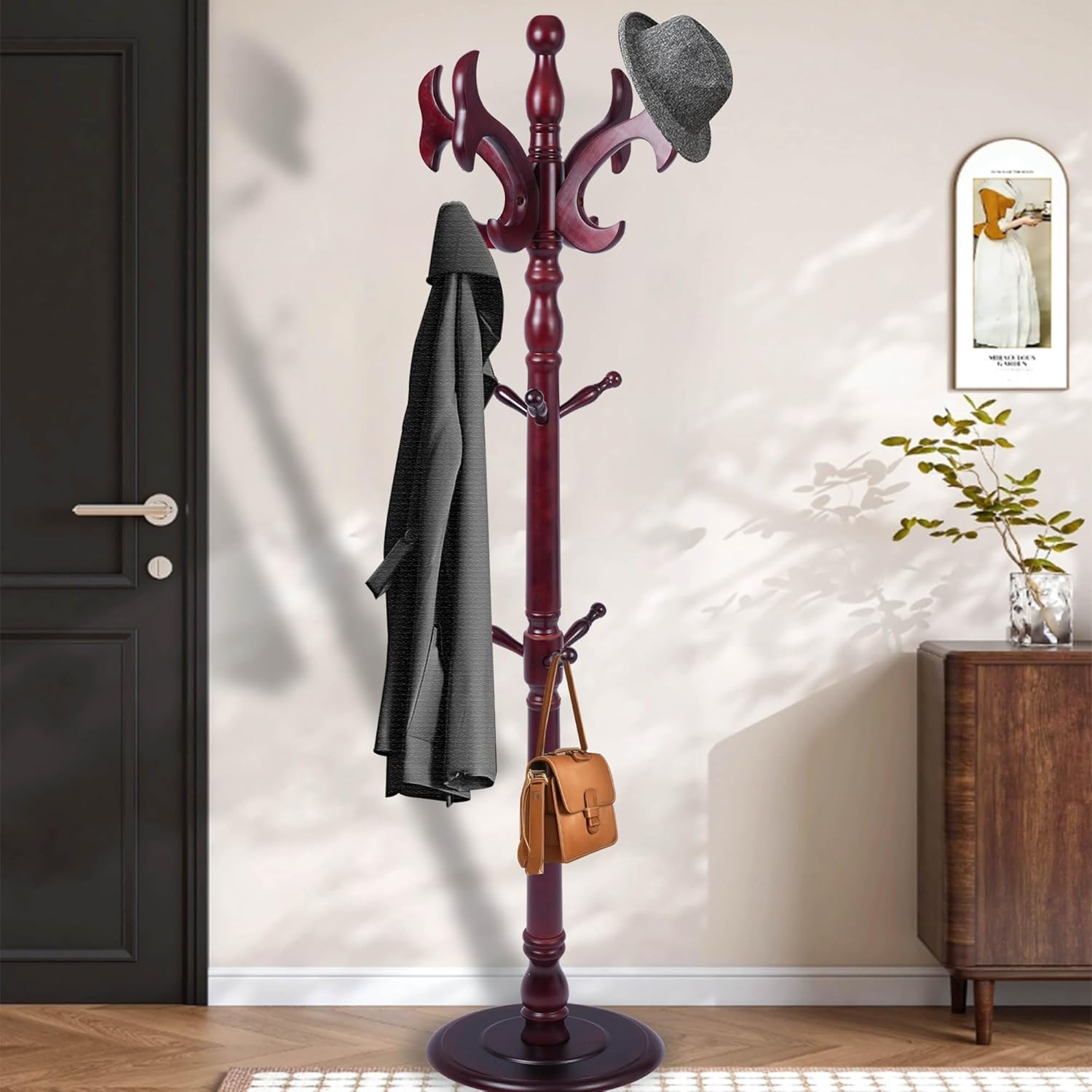 Wooden Coat Rack Freestanding with 14 Hooks Antler Shaped, 72'' Vintage Coat Racks Tree, Adjustable Height, Coat Hanger Stand with Sturdy Base, Coat Tree Hats Hanger for Living Room, Bedroom, Entryway