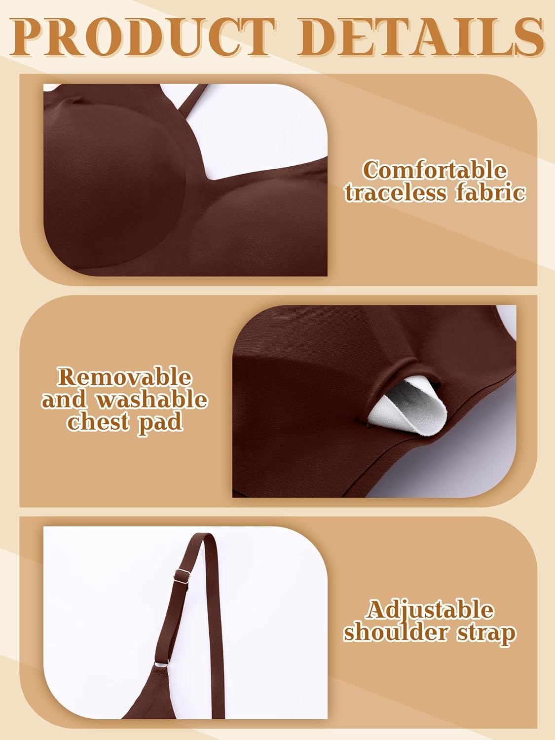 Bencailor 6 Pcs V Neck Bralettes Padded Seamless Bra for Women Wireless Cami Sports with Adjustable Straps - Image 4