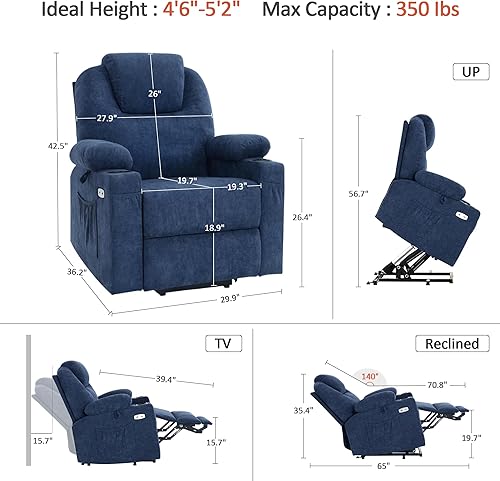 Miniatura 2 de MCombo Silla reclinable pequeña con masaje y calor para ancianos cortos reposapiés extendido control remoto de mano bolsillos laterales y portavasos