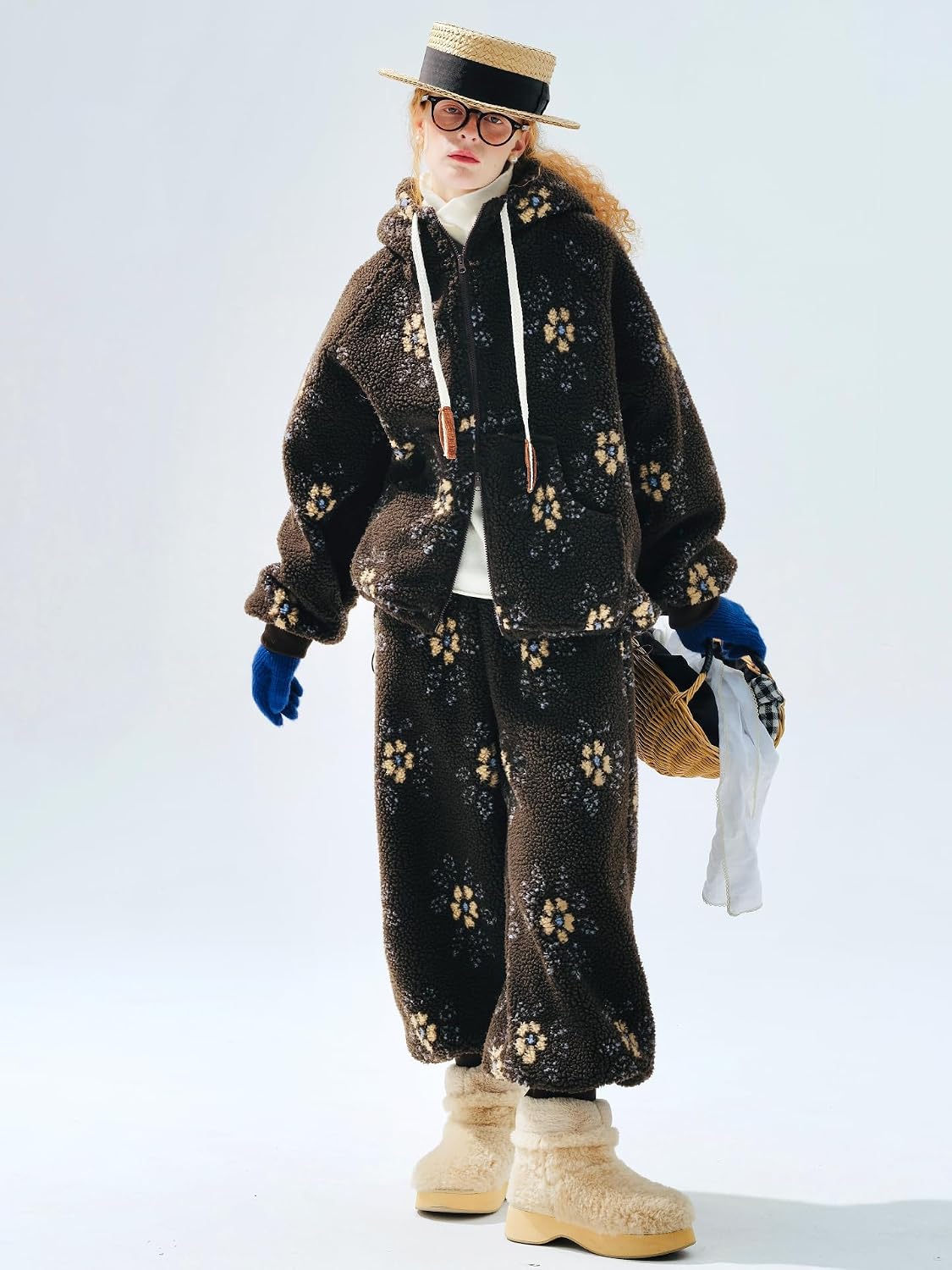 2025 Winter French-style Elegant Fiber Velvet Printed Warmth-Keeping Long-Sleeved Women's Hooded Thick Coat 255284 (US, Alpha, Small, Regular, Regular, Coffee color)