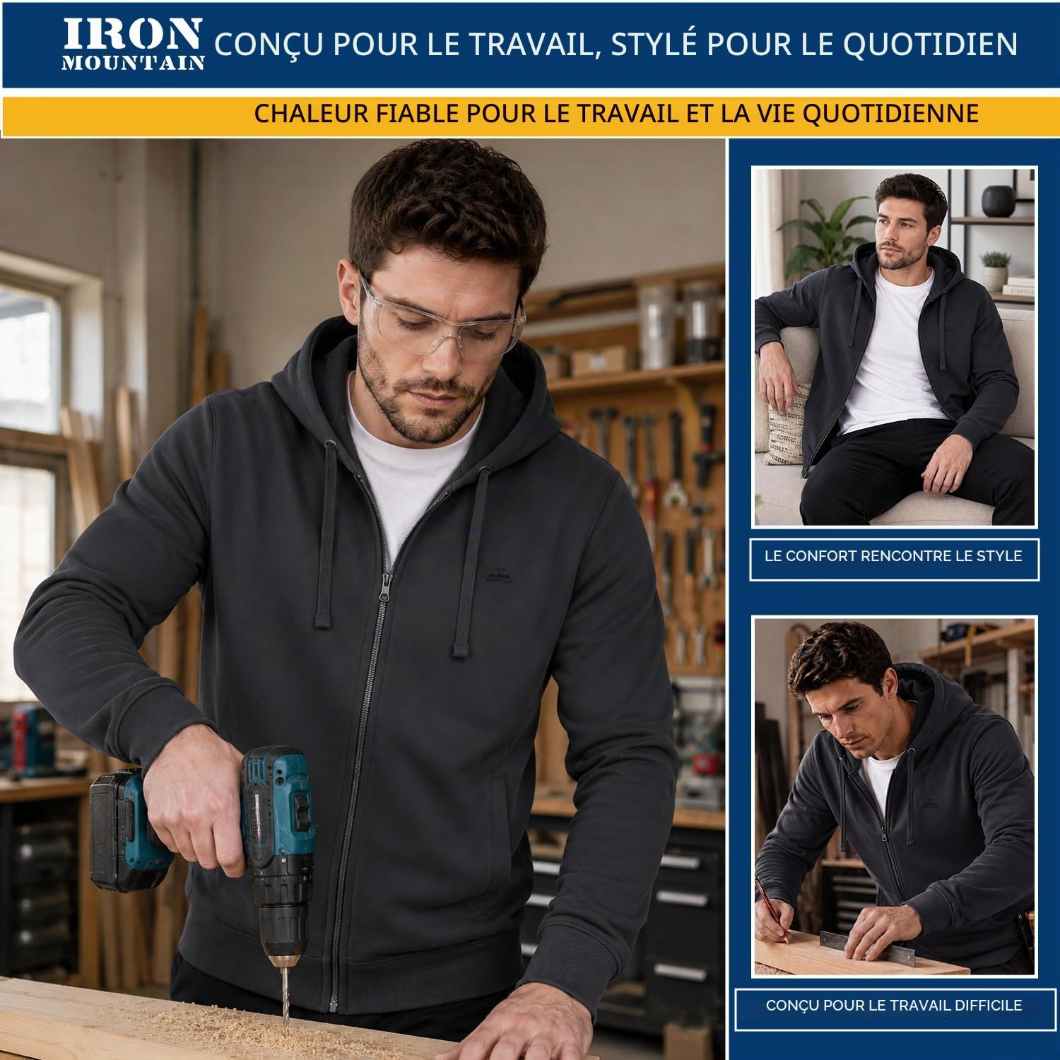 Iron Mountain Sweat à Capuche Zippé en Polaire pour Homme – Hoodie souple et confortable avec poignets côtelés