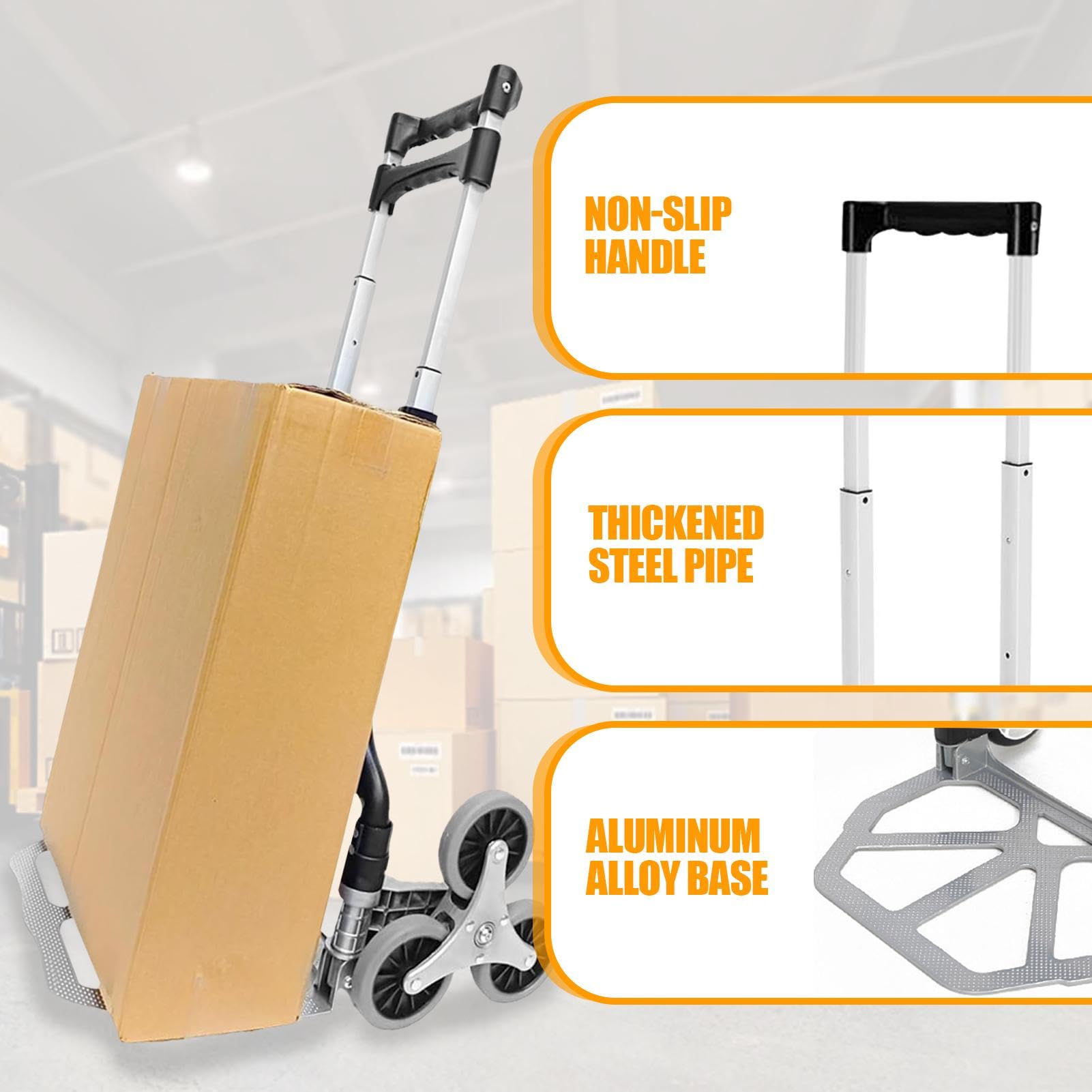 Carretilla de mano para escaleras – Carretilla plegable portátil con ruedas | Carro de la compra de alto rendimiento para distribución en viajes, lugar de trabajo, almacén