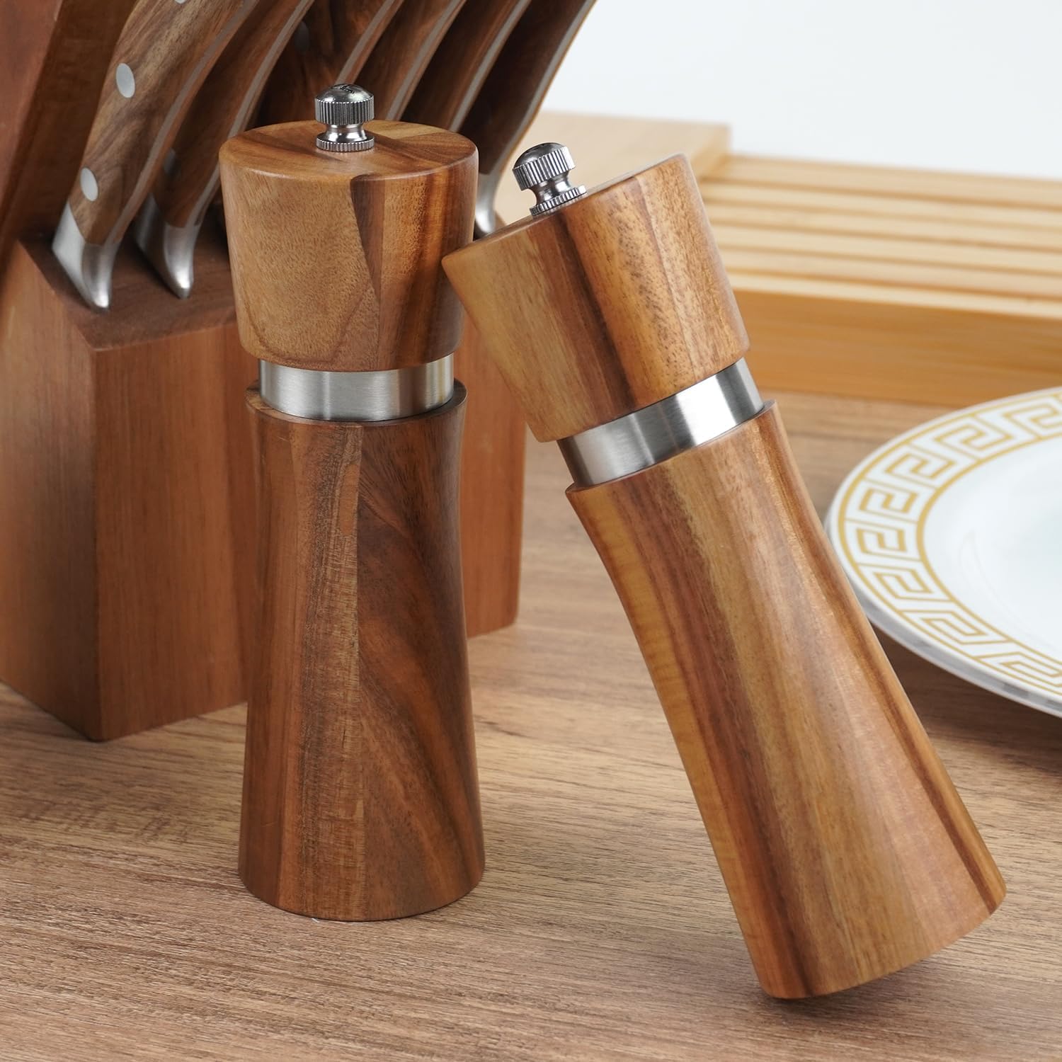 2 Pack Wooden Salt Pepper Grinder Set - Hand Operated Refillable with Ceramic/Stainless Steel Core