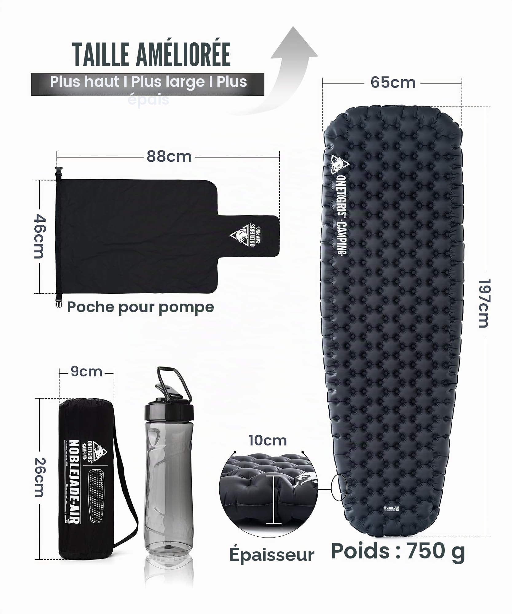 OneTigris NOBLEJADE Matelas isolant d'extérieur pliable avec sac de pompe, 10 cm d'épaisseur, ultra léger, pour 1 personne, matelas de camping gonflable pour la randonnée, la voiture (valeur R 7,3)