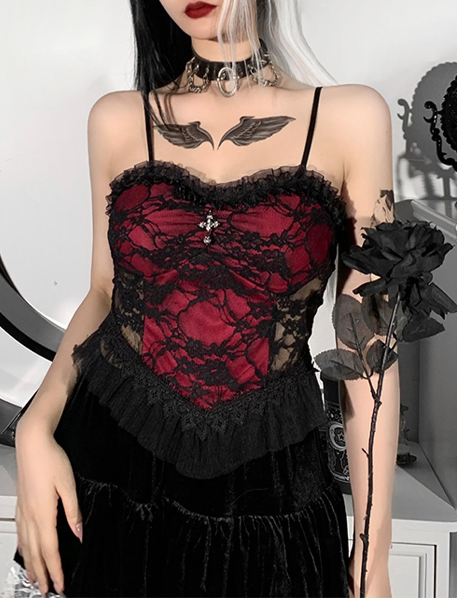 FEOYA Damen Gothic Tank Top Spitze Cami Crop Tops Goth V Ausschnitt Slim Fit Bustier Korsett Vintage Y2K Ärmellose Trägerweste